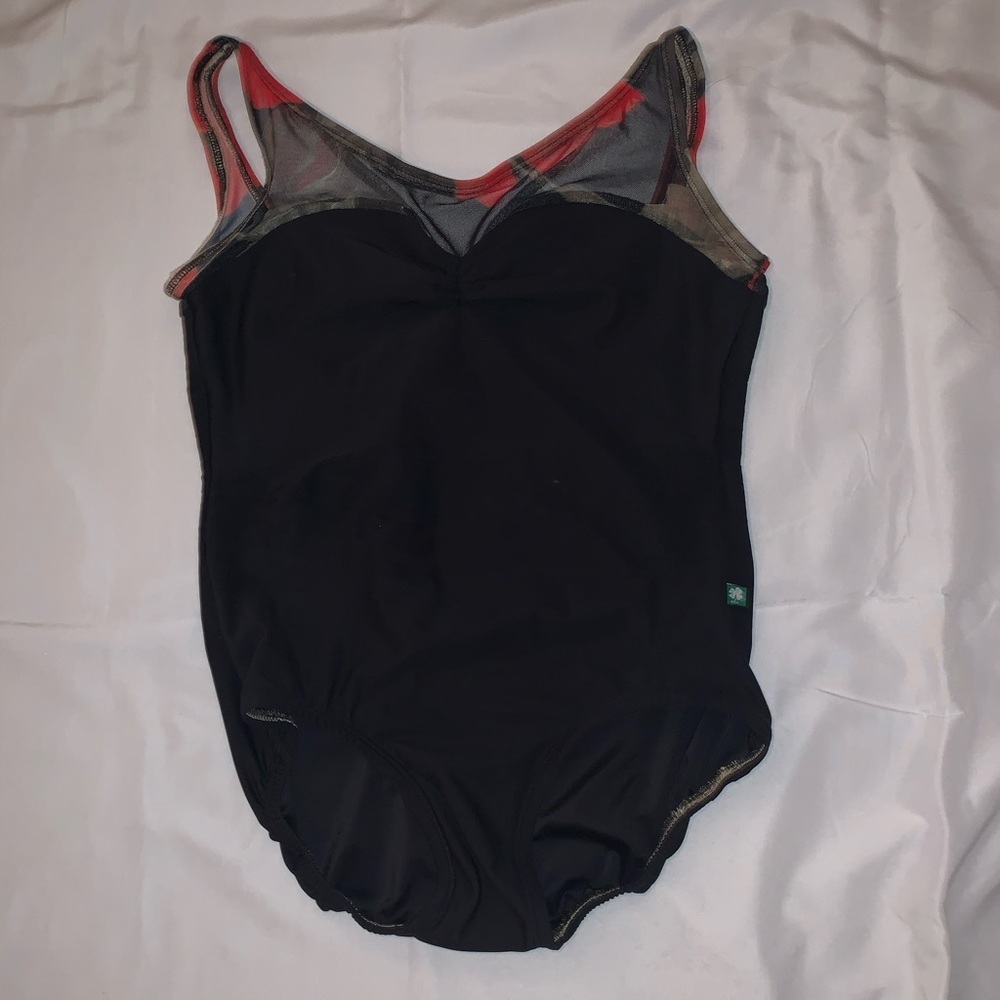 Black pinch front ballet leotard with flower mesh